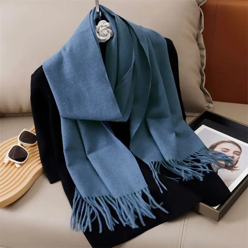 Schal Damen uni mit Fransen, lang und glatt – Blau – Jeans