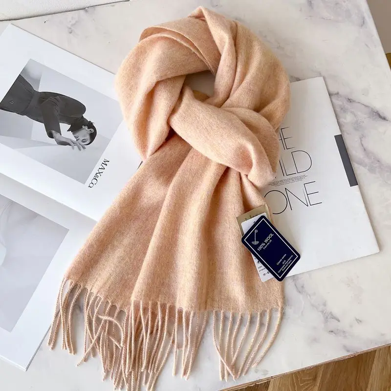 Schultertuch Damen aus Wolle, unifarben mit Fransen – Beige – Pfirsich