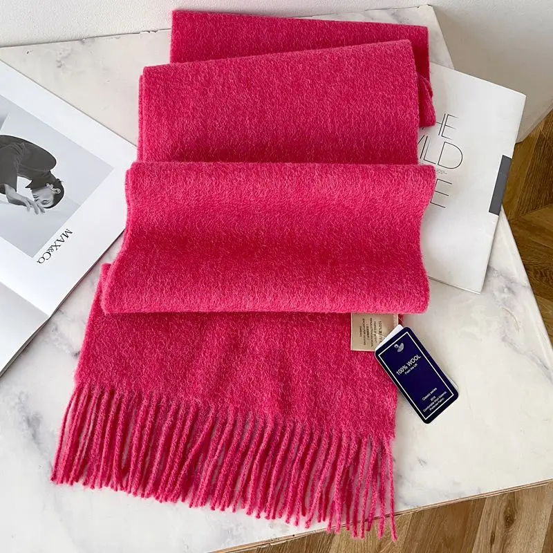 Schultertuch Damen aus Wolle, unifarben mit Fransen – Pink