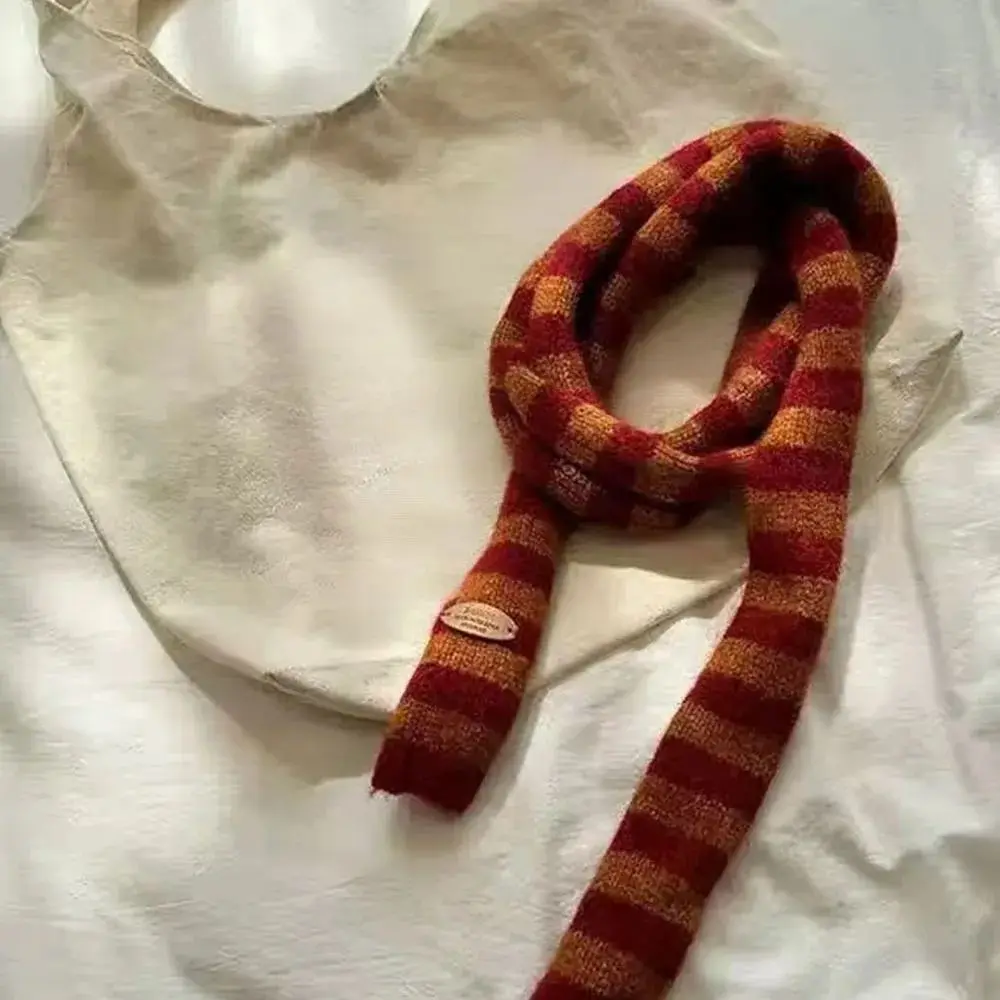 Damen Strickschal Gelb, schmal und gestreift – Rot