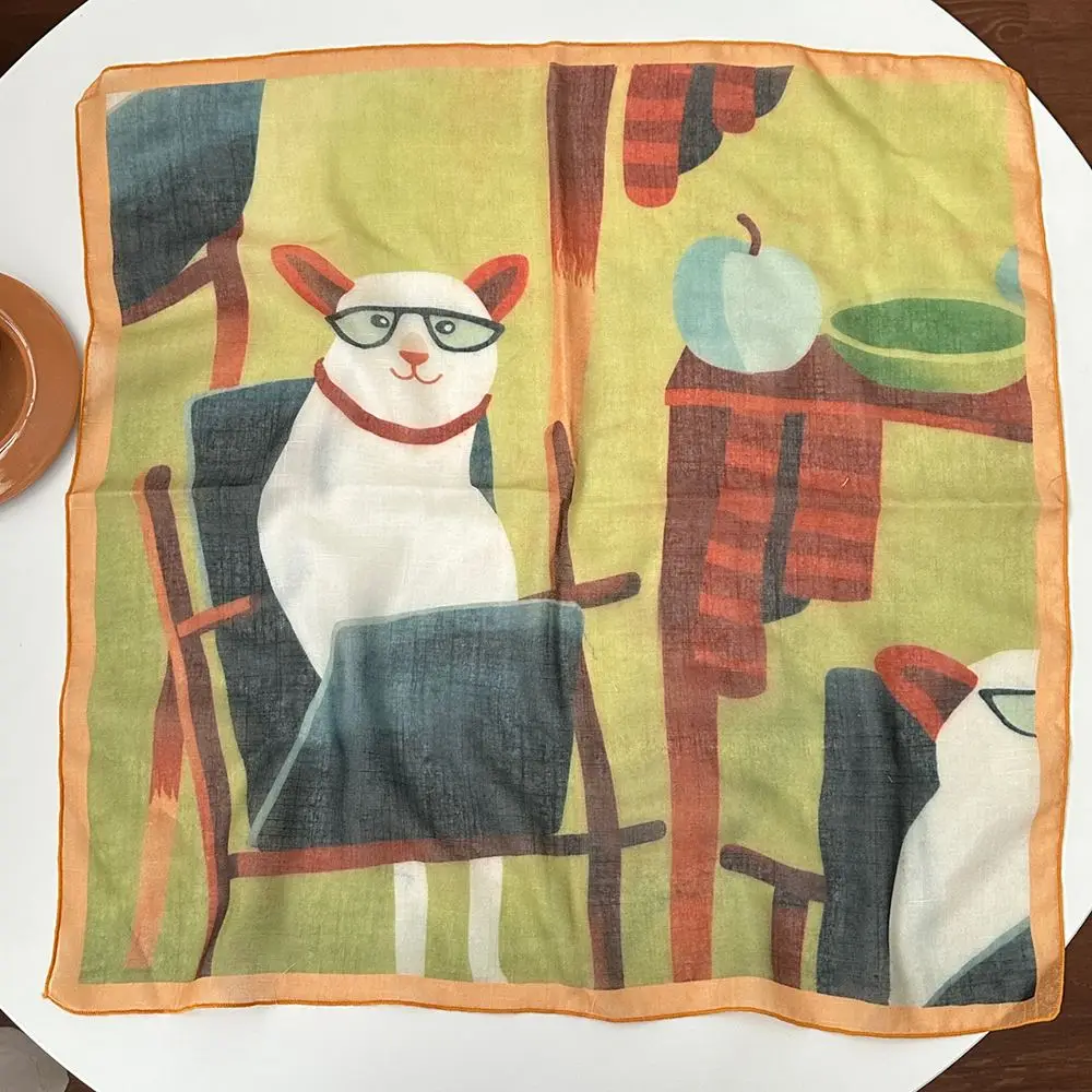 Kleines Halstuch Damen in Rot und Blau mit Blumenmotiven – Gelb – Katze