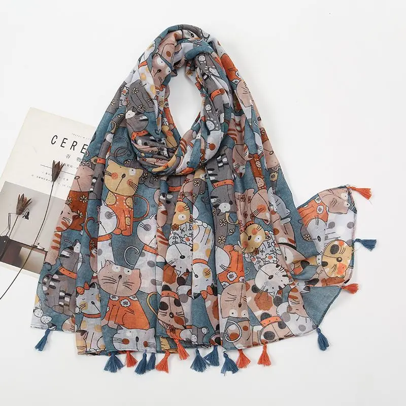 Schal Damen mit Katzenmotiv und Fransenkante – Blau