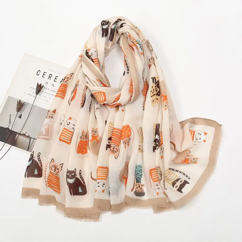 Schal Damen mit Katzenmotiv und Fransenkante – Beige