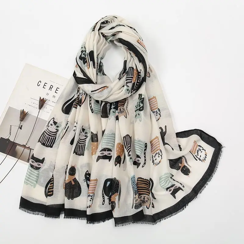 Schal Damen mit Katzenmotiv und Fransenkante – Creme – schwarzer Rand